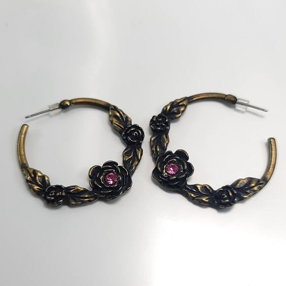 Vintage Bronze Floral Hoop Earrings with Pink Rhinestone Accents Jewelry - Picture 3 of 10